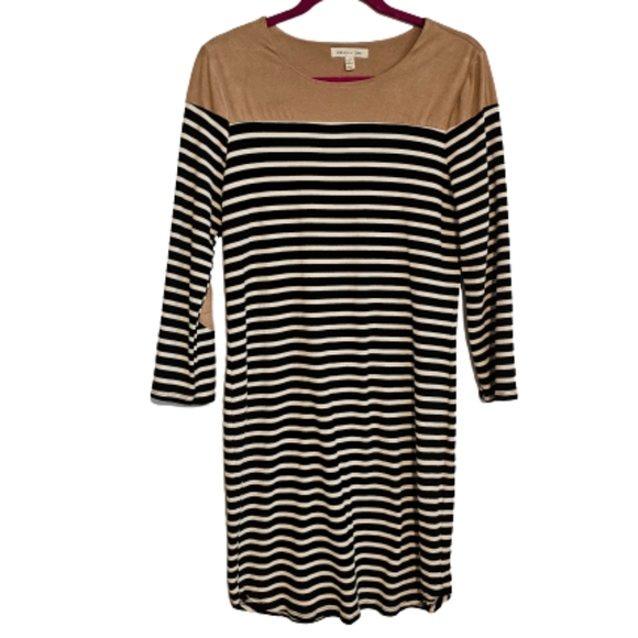 Sophia + Zeke Striped Knit Dress with Faux Suede top and Elbow Patches - Picture 1 of 4